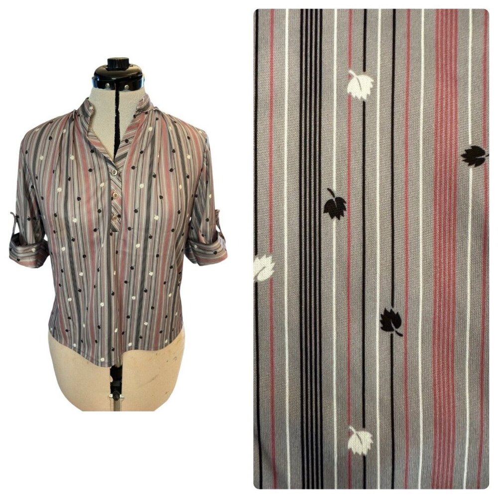 Vintage Shirt Women's Size S/M Pullover Short Sleeve Top, Stripes & Small Leaf